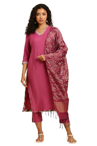 W for Woman Pink Embellished Kurta, Pants and Jacquard Dupatta Set_24AUWS19527-220351_3XL