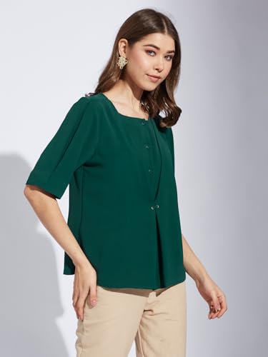 Latin Quarters Women Green Round Neck Half Sleeve Solid Tunic Blouse_S
