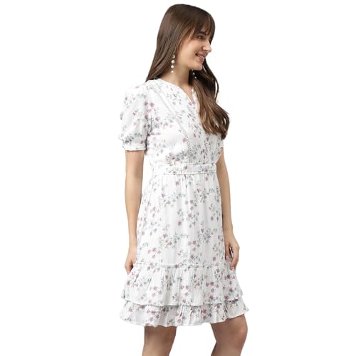 Latin Quarters Women Lilac V-Neck Short Sleeves A-Line Printed Dress_M