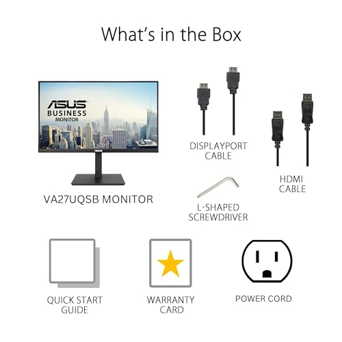 ASUS 27” 4K Business Monitor (VA27UQSB) - UHD (3840 x 2160), IPS, Frameless, HDR10, DisplayPort, Dual HDMI, Speakers, Eye Care, Ergonomic, pivot, swivel, height adjustable, DisplayWidget, 3yr warranty