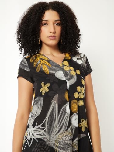 Max Women Printed A-line Dress(Black_M)