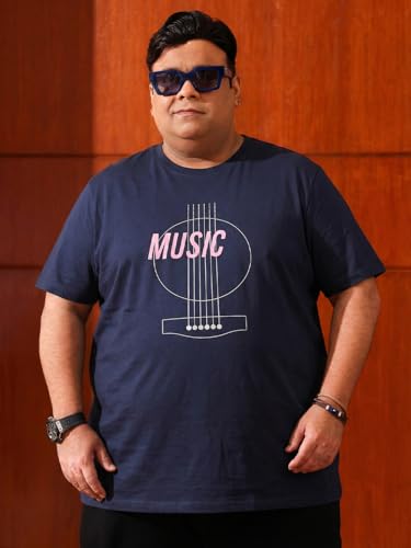 Bigbanana Men Plus Size Printed Navy Round Neck Tshirt (Rhythm,Navy,2XL)