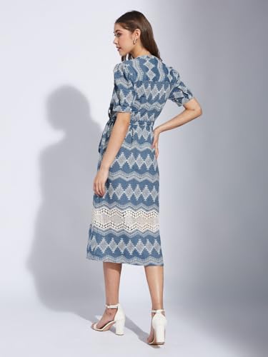 Latin Quarters Women Blue Collar Neck Half Sleeve Printed Shirt Dress_M