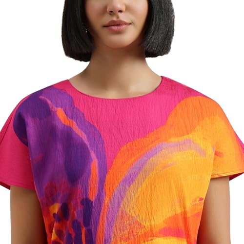 United Colors of Benetton Regular Fit Round Neck Floral Dress (Size : M) - 26P4WVNDR3X7I901 Pink