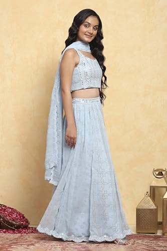 Biba Girls Blue Polyester Embroidered Kalidar Lehenga Set_10-11Y