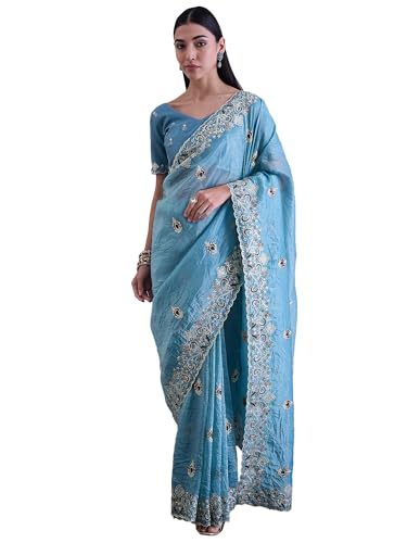 SAREE MALL Women's Light Blue Paper Silk Embroidered Saree With Unstitched Blouse (DHNIYA2032C_DC)