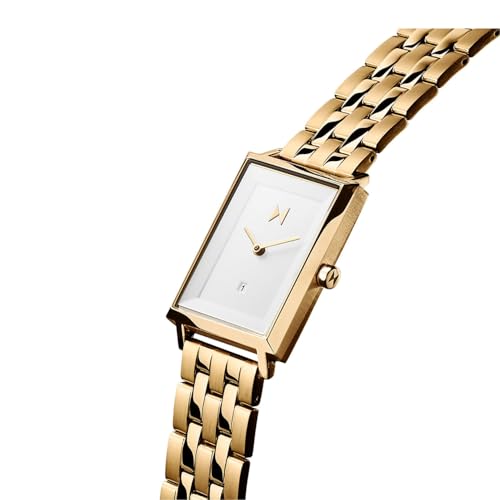 MVMT Signature Square Qtz Basic Calendar White Rectangle Dial Women's Analog Watch|Ionic Plated Gold Steel Material|Gold Color Band - Mf03-G