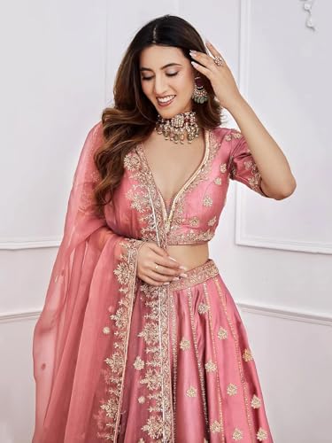 Zeel Clothing Women's Art Silk Semi-Stitched Sequins Dori Embroidered Lehenga Choli with Dupatta (7091-Pink-s-Lehenga-Choli-Latest; Free Size) (Pink)