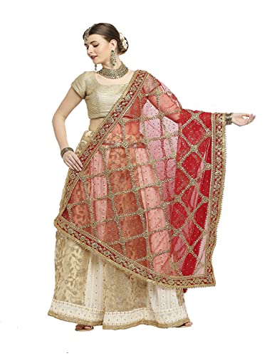 DUPATTA BAZAAR Women's heavily Embroidered Red Bridal Net Dupatta with kundan work