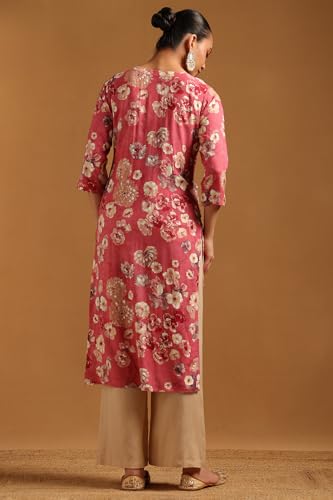 Soch Womens Pink Rayon Floral Print Kurta with Mirror Work