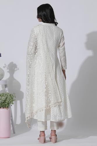 W for Woman Off-White Cotton Blend Anarkali Embroidered Kurta, Straight Pants and Dupatta Set (Size: XL)-24FESP10670-313617