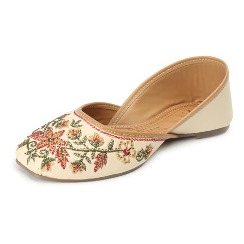 XE Looks Women's Cream Ethnic Punjabi Juttis | Traditional Embroidered Flats | Floral Design with Soft Cushioned Footbed | Comfortable & Stylish Punjabi Juttis for Girls & Women