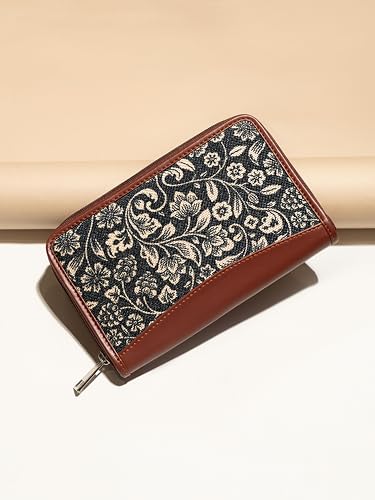 ZOUK Women's Flomotif Print Handmade Vegan Leather Wallets and Jute Purse for Ladies - Clutch with Indian Print - Wallets for Mobile Phones (Multicolour)
