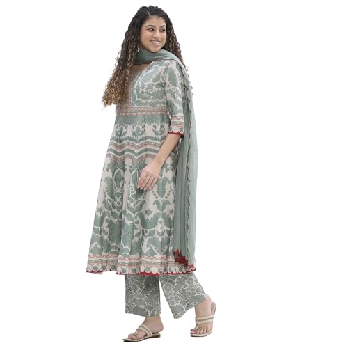 BIBA Women Green Cotton Anarkali Suit Set_38