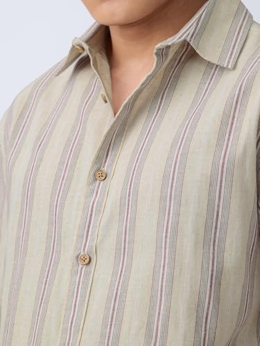 The Souled Store: Nova Men and Boys Long Sleeve Spread Collar Beige Striped Regular Fit Summer Ready Breathable Lightweight Easy to Style Officewear Casual Cotton-Linen Shirt