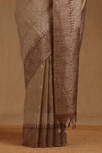 Soch Womens Brown Tussar Embroidered Saree With Thread Work