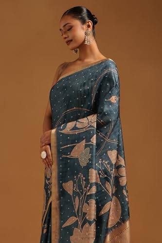 Soch Womens Blue Tussar Botanical Saree
