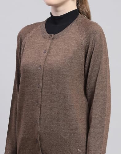 Monte Carlo Womens Solid Dark Brown Round Neck Full Sleeve Cardigan