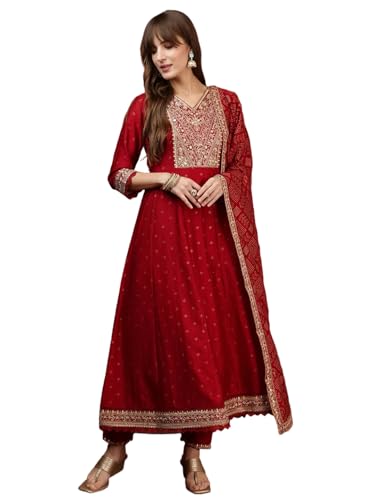 NIVANA Embroidered Anarkali Kurta with Pant & Bandhni Printed Dupatta | XL | Maroon | V-Neck | 3/4 Sleeves