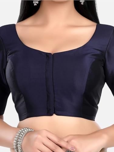 Biyu Women's Silk Solid Plain Half Sleeves Round Neck Readymade Saree Blouse (Navy Blue, 40)