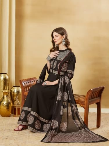 Divena Black Cotton Anarkali kurta Pant set With Dupatta