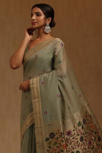 Soch Womens Light Olive Chanderi Woven Design Saree