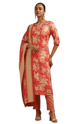 Soch Womens Peach Chanderi Floral Salwar Suit With Beads