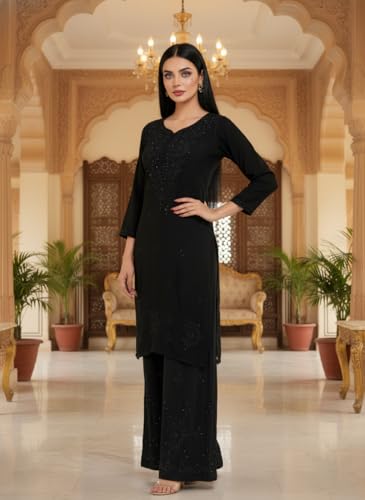 Fashion Chikan Art Women’s Lucknowi Rayon Mukaish Chikankari Straight Kurti & Palazzo Set | Hand-Embroidered Ethnic Wear | Festive & Casual Wear Kurta Set (S, Black)