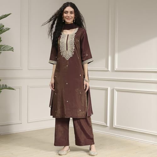 Biba Women Wine Viscose Rayon Straight Solid Kurta Set_38