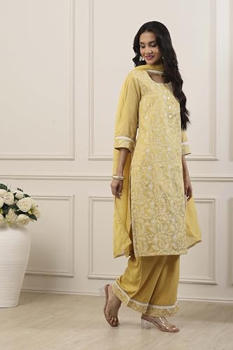 Biba Women Yellow Zari Cotton Tissue Straight Suit Set_32