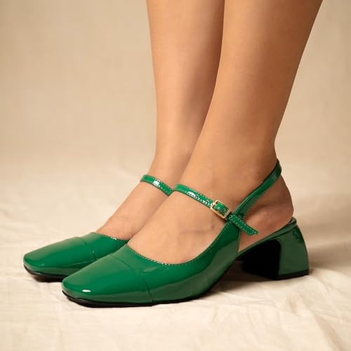 Theater Women Twiggy Square Toe Mary Jane Heels | Slingback Block Sandals with Adjustable Strap | Comfortable & Stylish for Office, Party & Casual Wear