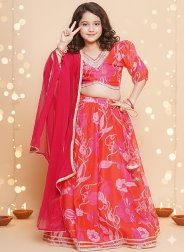 Naixa Girls Red Chanderi V Neck 3/4 Sleeve Floral Printed Choli and Lehenga with Dupatta Set | Latest Floral Designer Printed Lehenga Choli Set for Girls (SE09_11-12 Year)