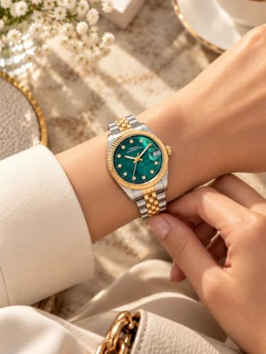 French Connection | Green MOP Dial | Dated Display | Gold Two Tone Stainless Steel Bracelet Strap | Quartz Watch for Women - FCND4NTM