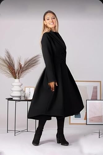 OFFICE PURPLE Women Dress, Women's Elegant Long Coat - Double Breasted, Flared Winter Overcoat with Lapel Collar and Pockets for Formal Casual and Winter Wear (Black, L)