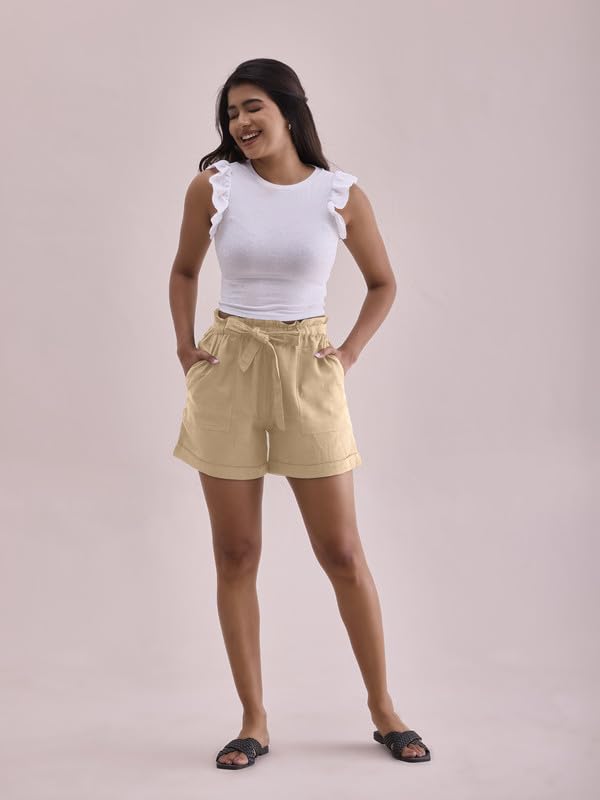 GO COLORS Women Solid Khaki High Rise Linen Shorts