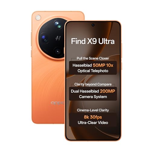 Oppo Find X9 Ultra 5G (Canyon Orange, 12GB, 512GB) | Hasselblad 50MP 10× Ultra-Sensing Optical-Zoom Telephoto | Dual 200MP | 8K Video | Snapdragon 8 Elite Gen 5 | 7050mAh 100W