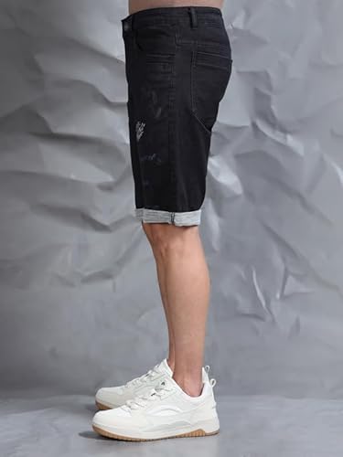 BEEVEE Men’s Cotton Black Text Printed Casual Shorts | 100% Yarn Dyed Structured Fabric, Mid Rise, Knee Length with Button Closure