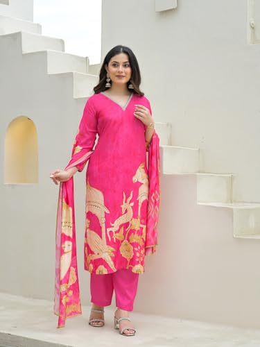 Divena Pink Muslin Digital Print Kurta Pant Set with Dupatta-DK2174