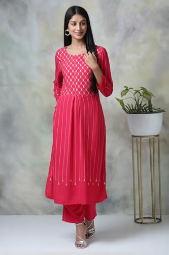BIBA Women Fuchsia Rayon Straight Kurta Pants Set_46