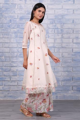 W for Woman White Embroidered Printed Chanderi Flared Kurta, Palazzo and Dupatta Set (Size: M)-WS12936-223833