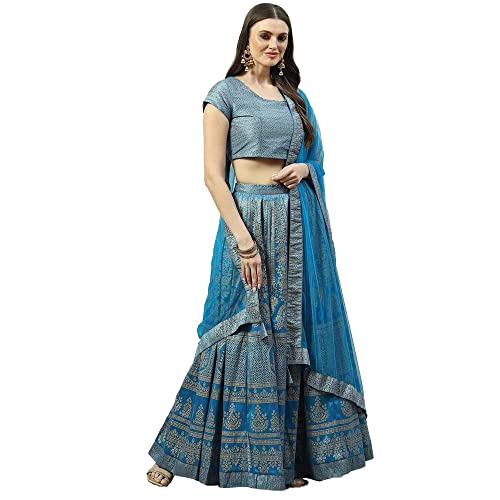 BIBA Women's Polyester Readymade Printed Flared Salwar Kurta Dupatta Lehenga Choli Set (Skdfestive 8367_Turquoise_42)