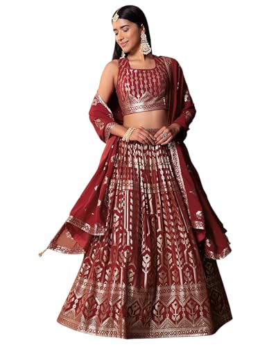 Zeel Clothing Women Sequins Thread Embroidered Georgette Semi-Stitched Lehenga Choli With Dupatta (5116-Maroon-Wedding-Stylish-Latest; Free Size)