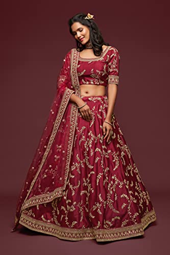 Zeel Clothing Women's Art Silk Semi-Stitched Lehenga Choli with Dupatta (7802-Maroon-Wedding-Bridal-Latest-Choli; Free Size) (Maroon)