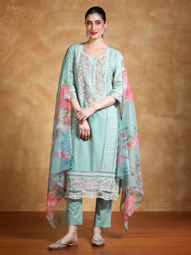 Varanga Women Thread Embroidered Kurta With Trouser & Floral Printed Dupatta