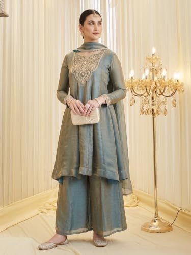 Women's Sage Green Fandy Silk Kurta Palazzo Set With Dupatta