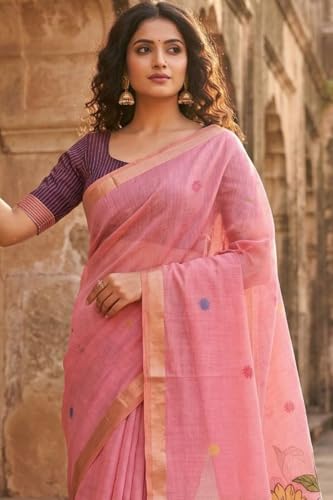 SGF11 Women's Cotton Linen Soft Silk Saree With Unstitched Blouse Piece (Pink)