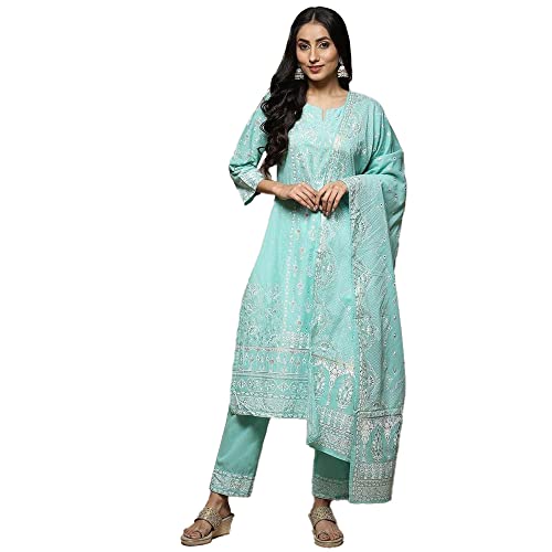 Biba Women's Printed Narrow Salwar Kurta Dupatta(Skdshweth S8632_Sea Green_38) - Cotton