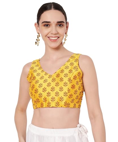 studio rasa Women's Dupion Hand Block Printed Blouse for Wedding Festive Party (TPWC62555XL_Yellow_X-Large)