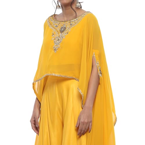 Biba Women Yellow Viscose Blend Lehenga & Blouse With Cape_36