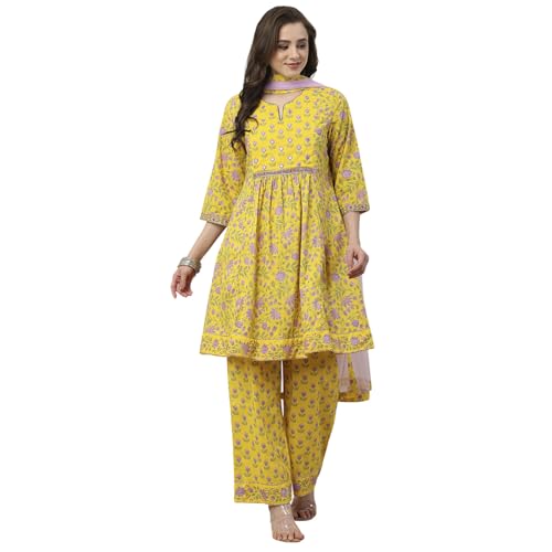 BIBA Women Yellow Cotton Kalidar Suit Set_32